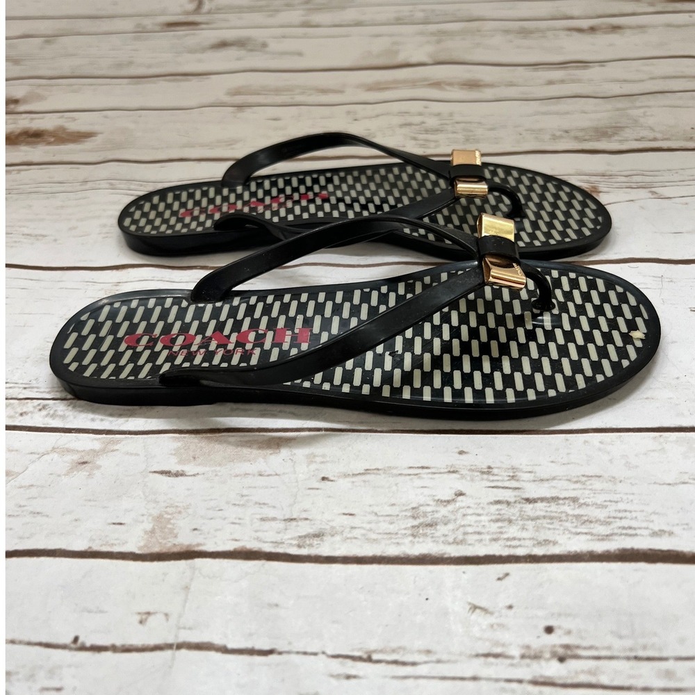 Coach Landon Flip Flop Sandals Black White Dash Gold Bow -Size 8B